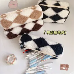 Fashion Plush Stripe Style Pencil Case Large Capacity Pen Bag Cosmetic Pouch Storage Box Student School Stationery Supplies
