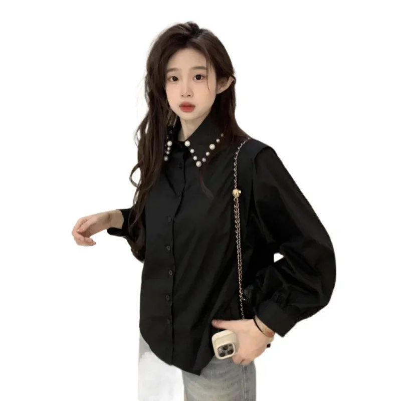 Pérola lapela camisa preta feminina manhã primavera estilo preguiçoso high-end casual solto camisa de manga comprida jaqueta topo