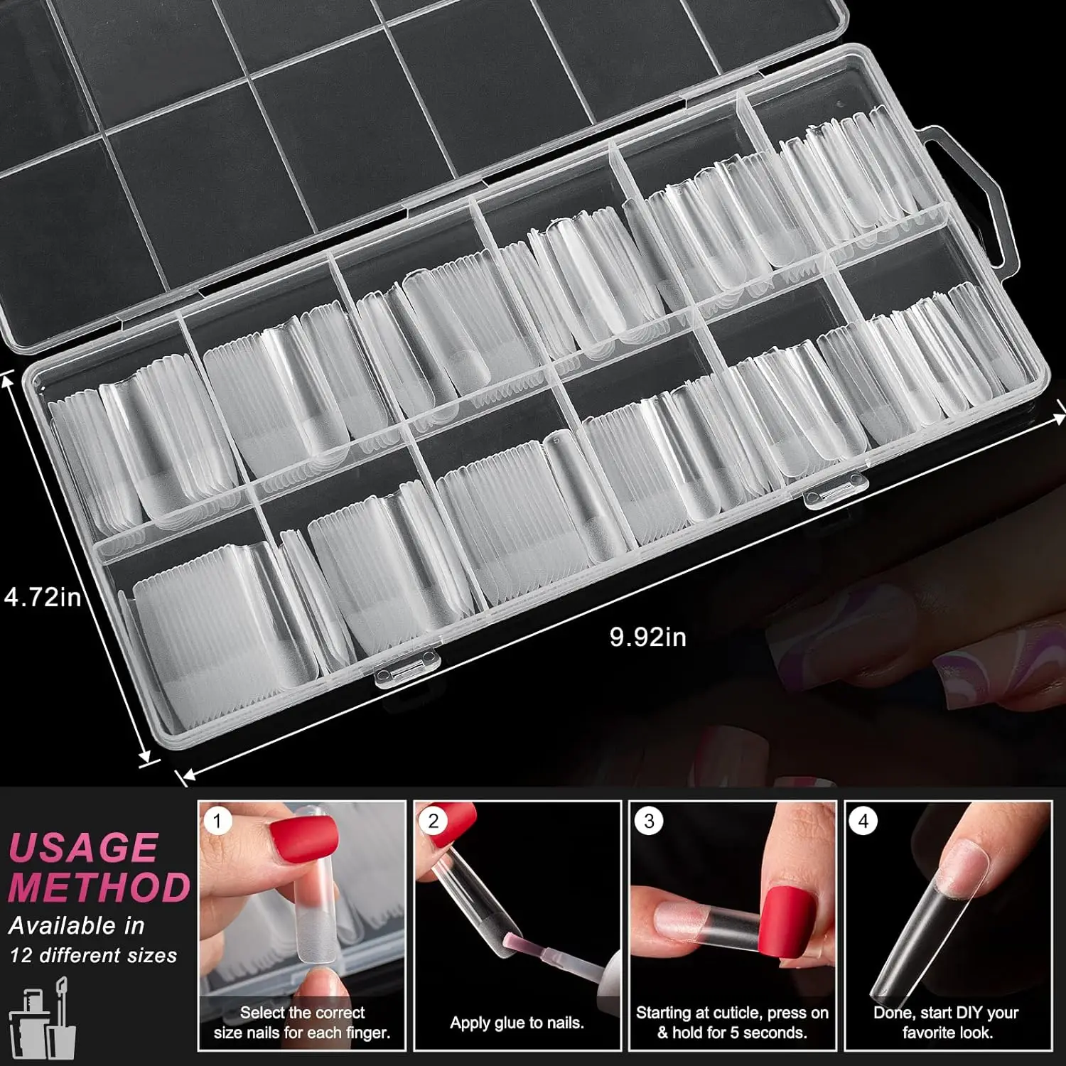 240PCS Square Fake Nails Extra Long Straight Tapered Nail Tips Full Cover Half Matte Acrylic Nail Tip For Home DIY Nail Salon