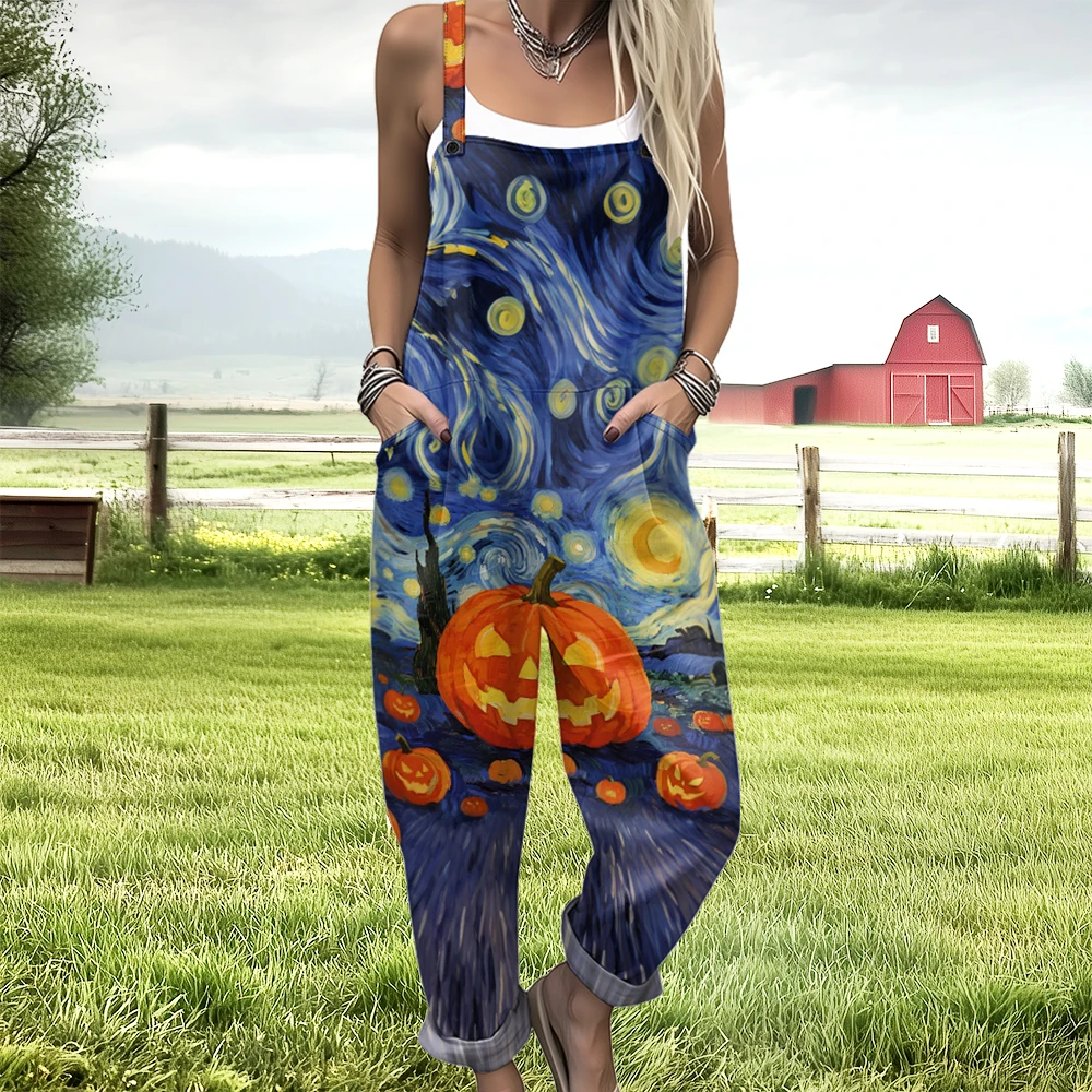 Halloween Pumpkin Skeleton Print Jumpsuit Boho Chic Romper Holiday Overalls Vintage Hippie Chic Rompers Cool Countryside Outfit