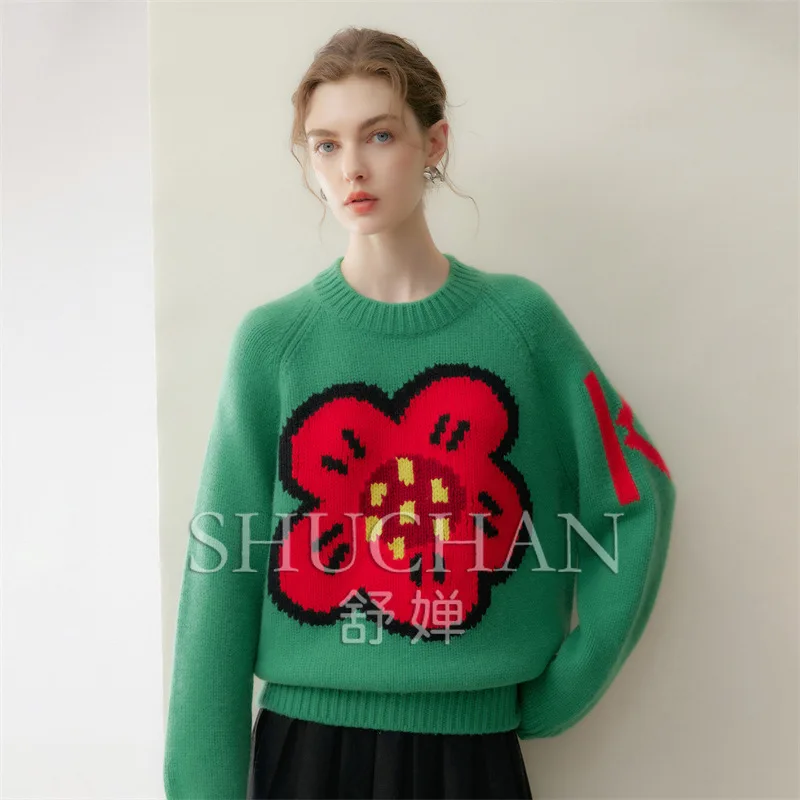 Flower 700g Pullover 2026 Autumn and Winter New Women's Crew Neck Embroidered Thick Bottom Shirt Sweet Wind Pullover Sweater
