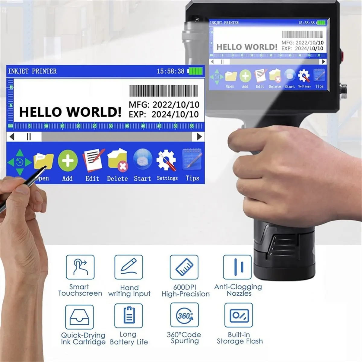 Handheld Inkjet Printer, for QRCode Barcode Production Date Time Logo Batch Number Print on Metal Wood US Plug