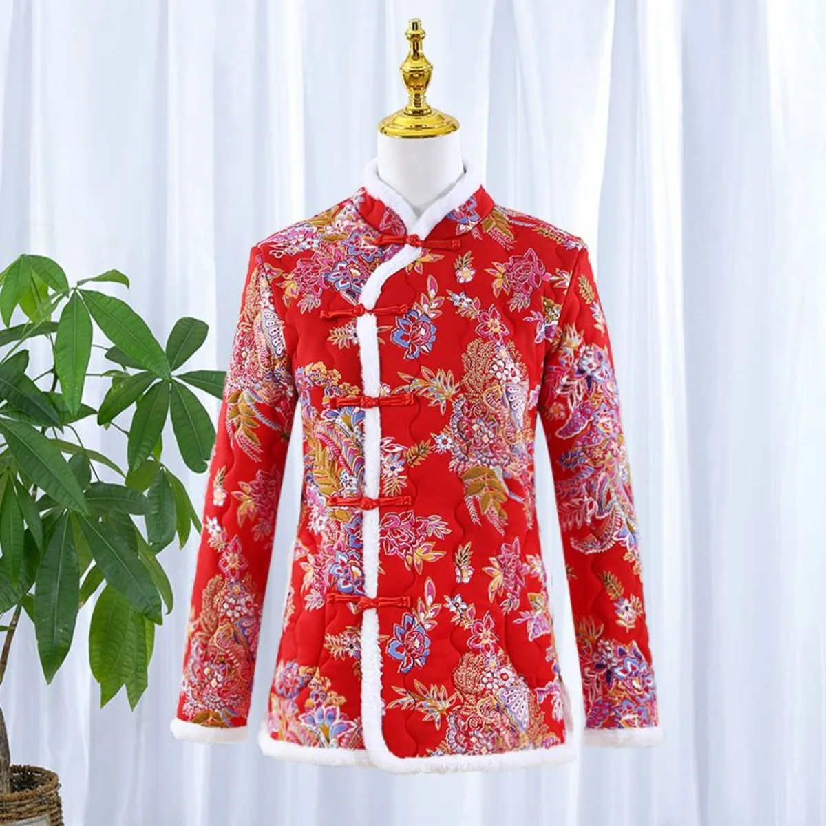 Plus Size Women‘s Cheongsam Button Fleece Jacket Chinese New Year Floral Print Coat | Slim Fit Dongbei Style Winter Coat