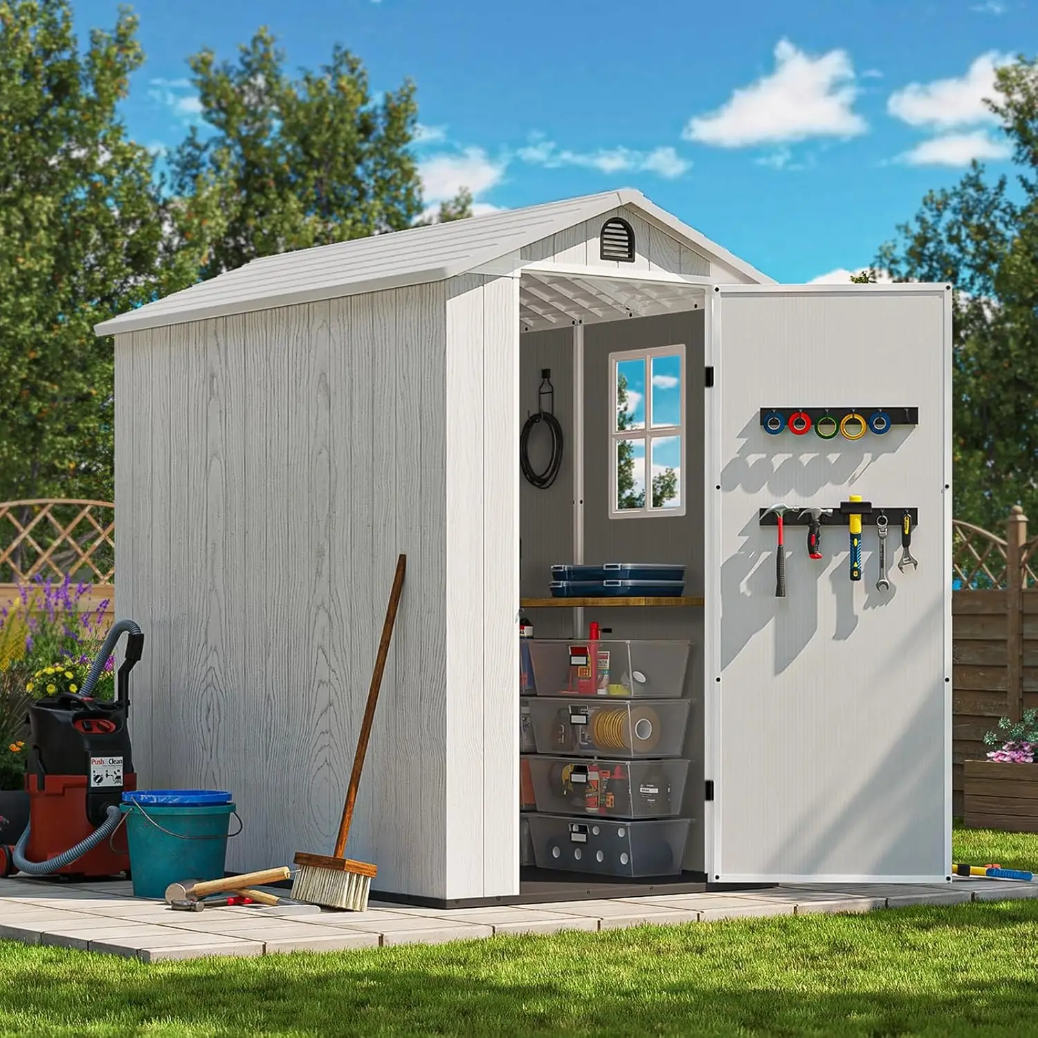 4' x 6' Outdoor Storage Shed with Floor Plastic Shed Outside Resin Tool Shed with Window and Lockable Door White