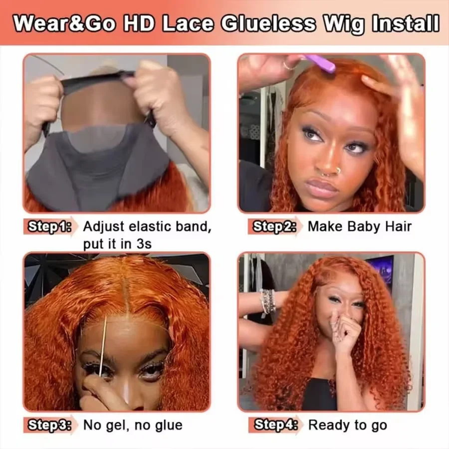 Glueless Ginger Orange 13x6 Real HD Lace Front Wigs Water Wave Human Hair Wigs Pre-everything Knots Ready To Wear Curly Colored