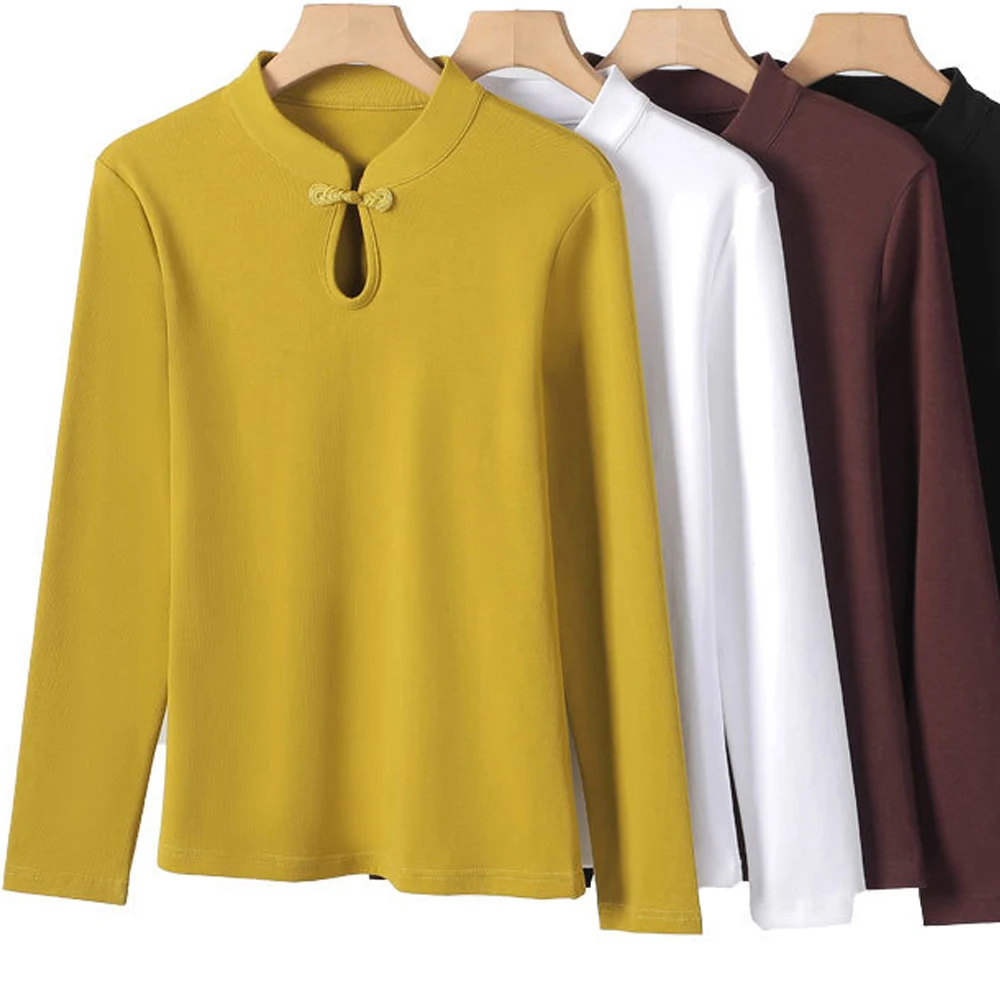 

Vintage stand up collar pure cotton long sleeved women's autumn and winter new style high-quality cheongsam plus size top