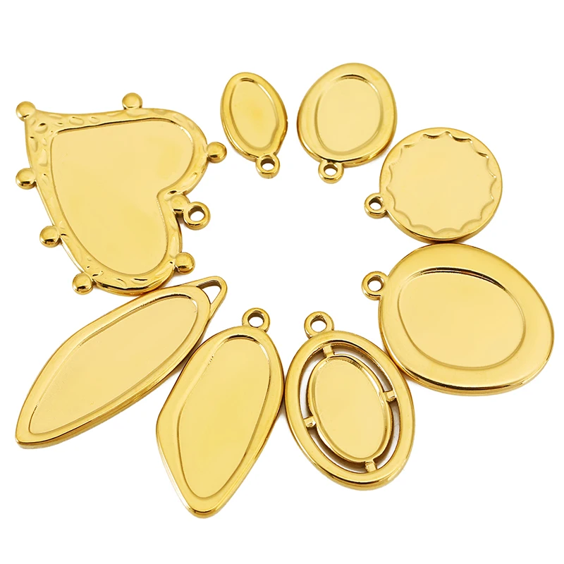 5pcs Stainless Steel Geometric Oval Round Bezel Charms Pendant Trays Blank Cabochon Base Diy Resin Cameo Necklace Jewelry Making image 2