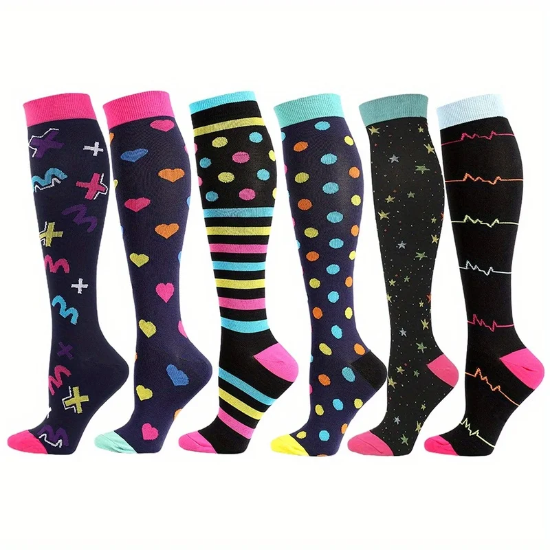 

6 Pairs Unisex Compression Socks - Sports Support for Football, Rugby, Running, Cycling, Yoga, Basketball, Hiking, Tennis and