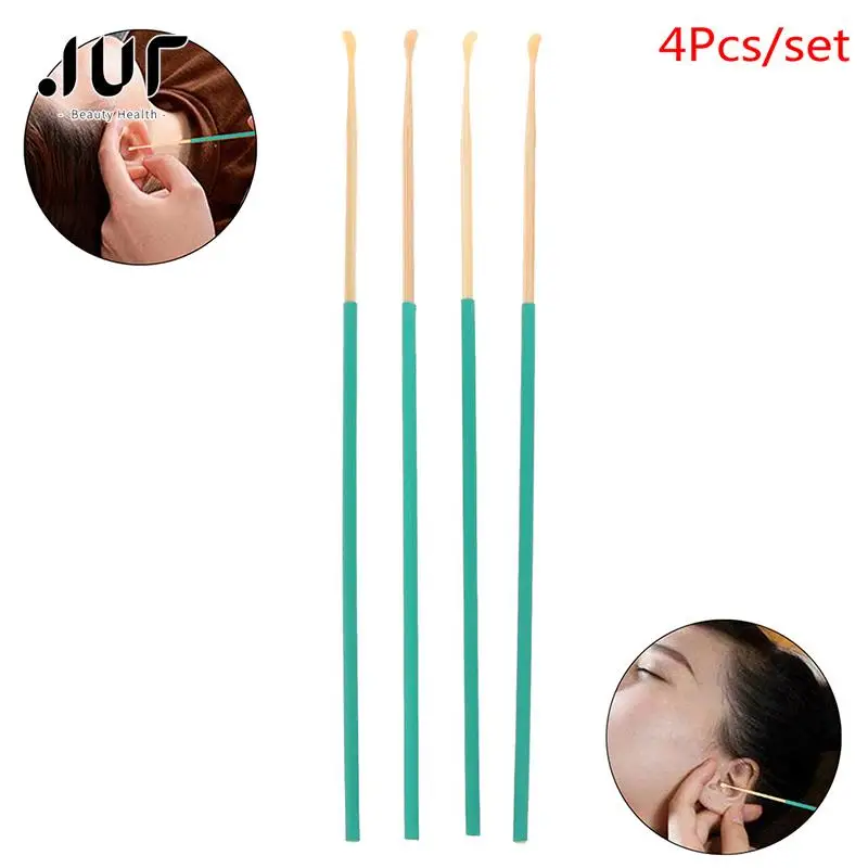 4Pcs Bamboo Wooden Ear Cleaner Spoon Anti-Skid Green Rubber Handle Earpick Earwax Removal With Soft Silicone Cover Head Ear Care