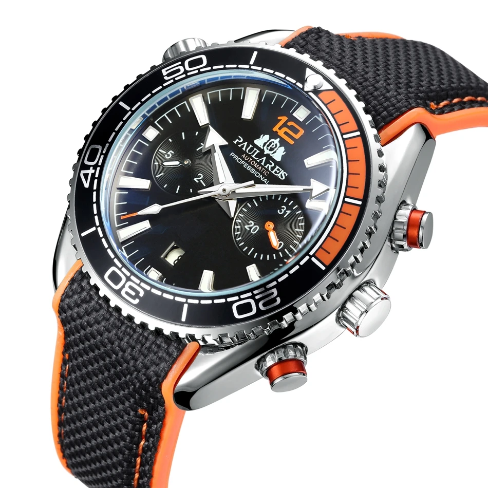 Automatic Mechanical Canvas Rubber Strap Orange Red Blue Multifunction Date Month Men Fashion 45mm Luxury Wristwatch
