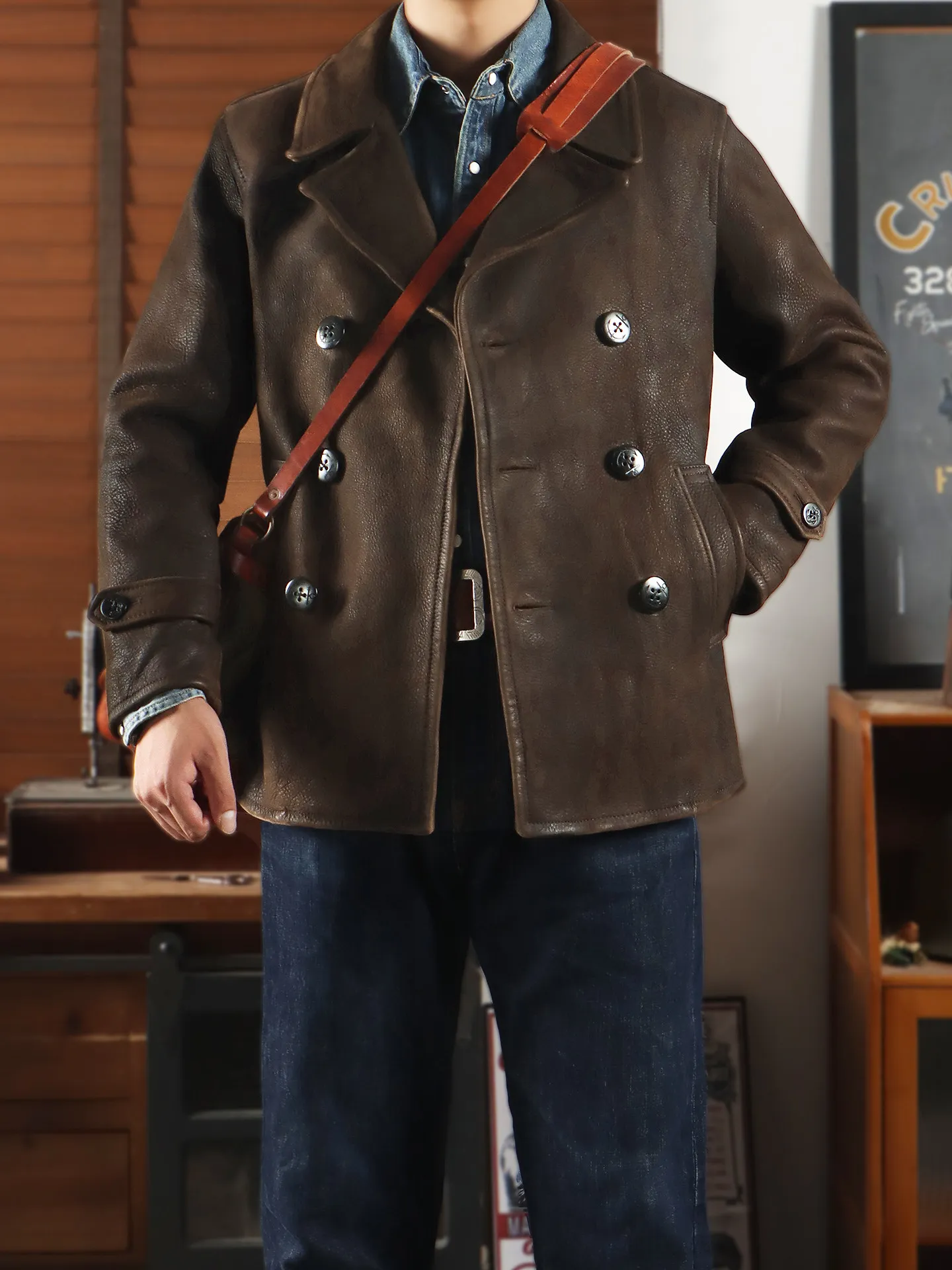 Tailor Brando 1.8mm Full Grain Cowhide America Retro Classic 740 Pea Coat Men's Genuine Leather Jacket