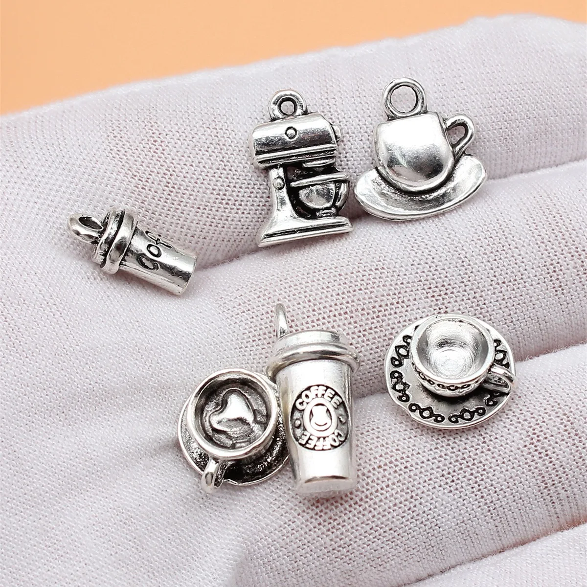 6pcs Antique Silver Color Coffee Charms Collection For DIY Jewelry Making, 6 Styles, 1 of Each