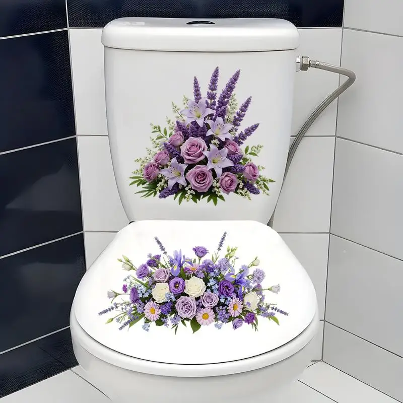 2 Sheets/SET  Rose Floral Toilet Stickers, Removable Waterproof Bathroom Toilet Seat Decals, Toilet Lid Decor For Bathroom Reno