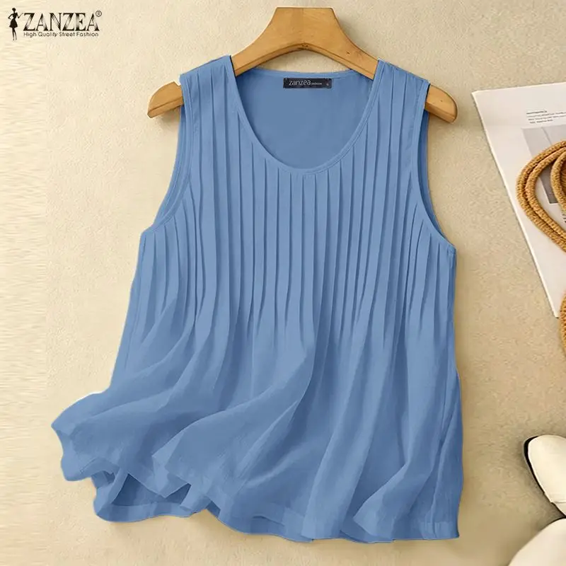 ZANZEA Woman Summer Pintuck Tank Top Plus Size Casual Loose Solid A-Line Sleeveless Blouse Holiday Beach Round Neck Tops 5XL