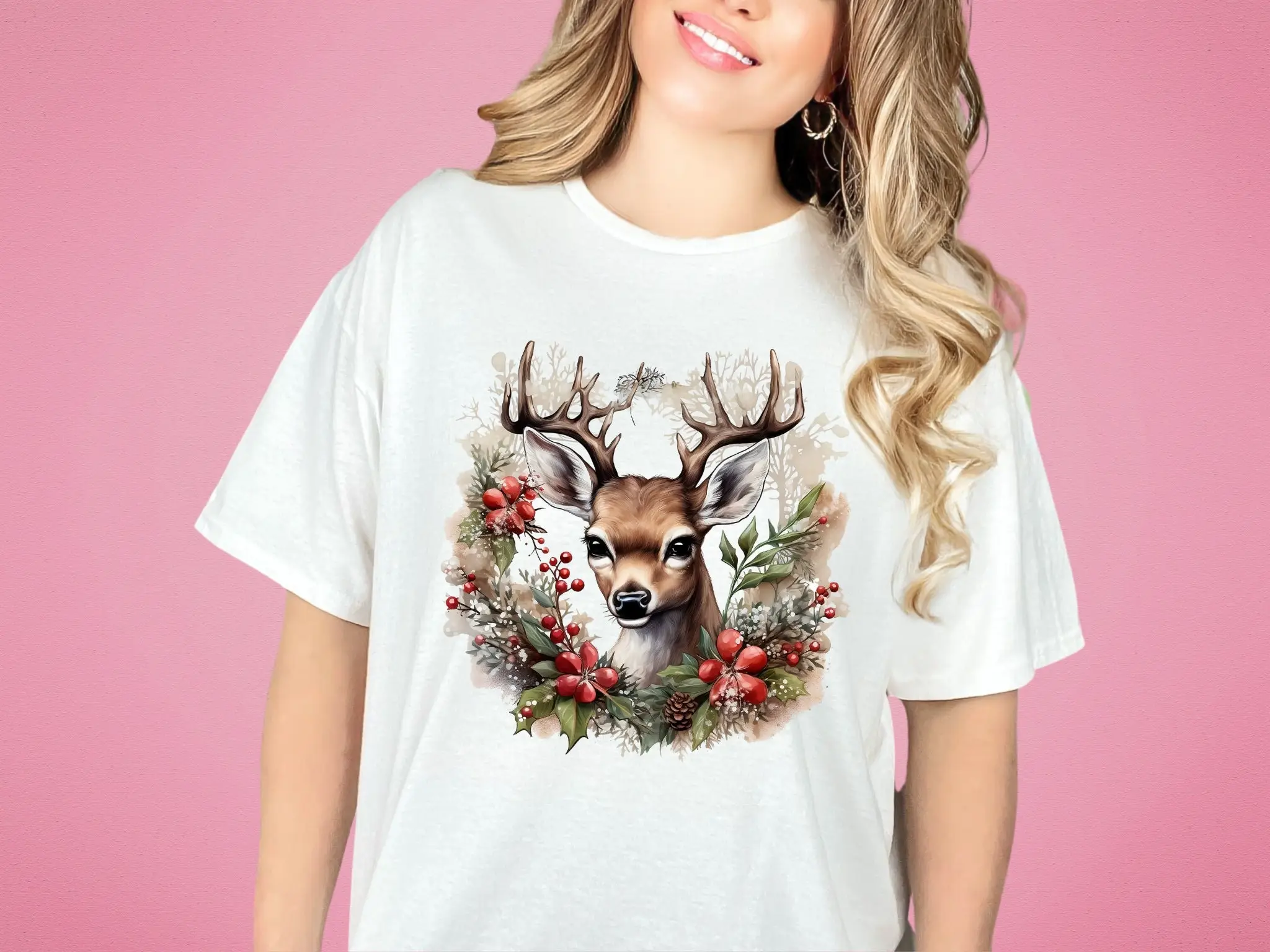 Cute Christmas Deer With Tree Wreath T Shirt Festive Holiday Apparel for Xmas Reindeer Unique Yuletide Her Him