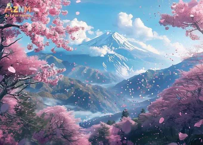 Japan Mount Fuji Cherry Blossom Canvas Print, Falling Sakura Spring Mountain Landscape Anime Scenic Wall Decor Unframed Canvas