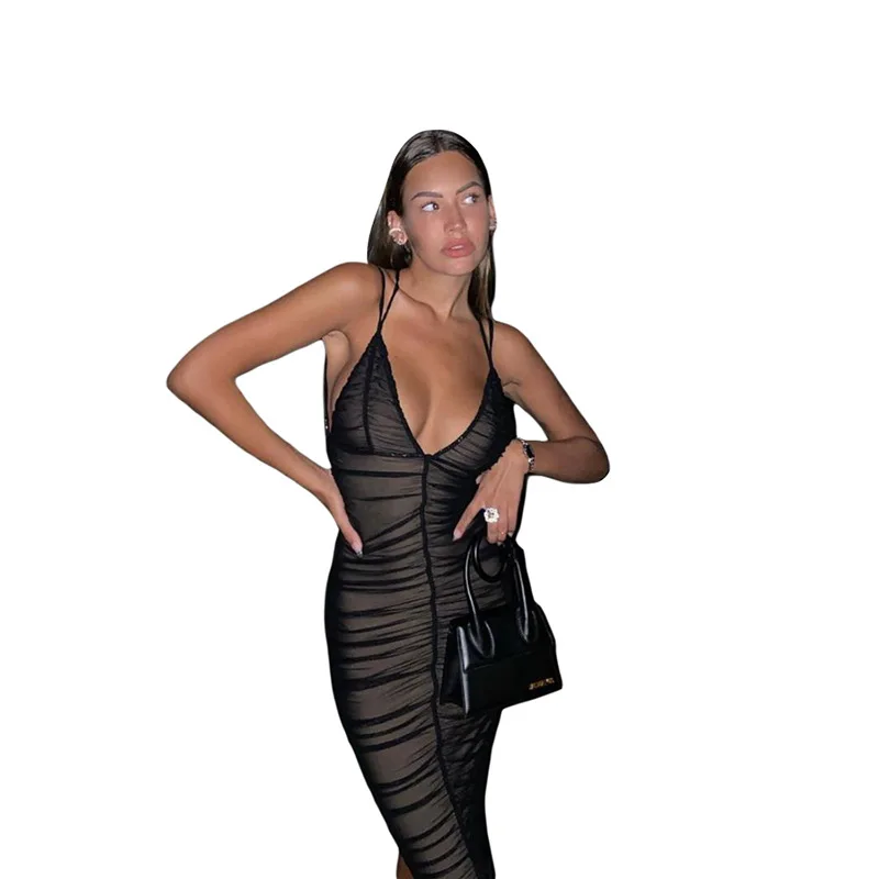 2025 nuovo abbigliamento estivo da donna in stile europeo e americano con bretelle alla moda e sexy scollato senza schienale slim medio e lon