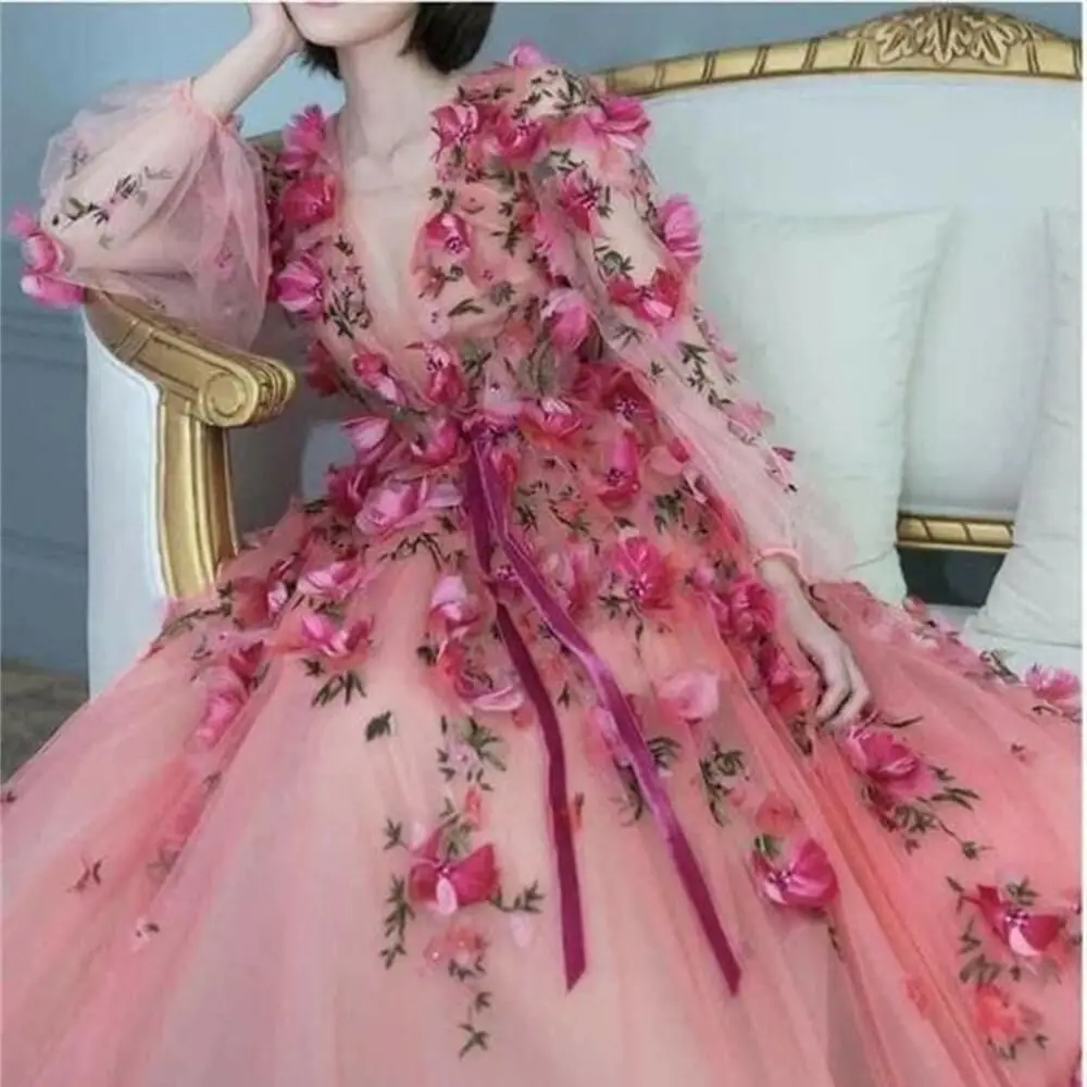 14252 #   Personalizado romântico mangas compridas com decote em v 3d flores tule a linha vestido de baile de formatura vestido de festa de casamento para mulher