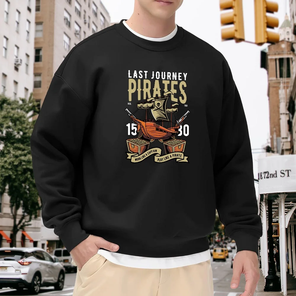 

Men's Black Crew Neck Loose Sweatshirt with Pirate-Themed Print, Casual Top, Everyday Street Fashion Versatile Style, Comfortable and Breathable Pullover