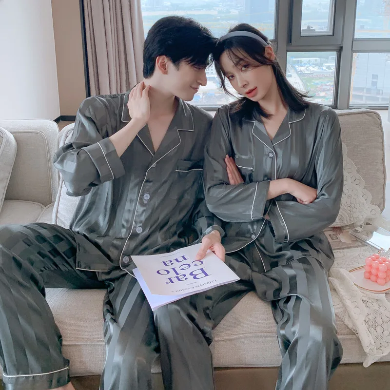Women Pajama Set Silk Couple Pajamas Lapel Pyjamas Ice Silk Pijama pjs Sleepwear Long Sleeve Shirt Pants Homewear Loungewear
