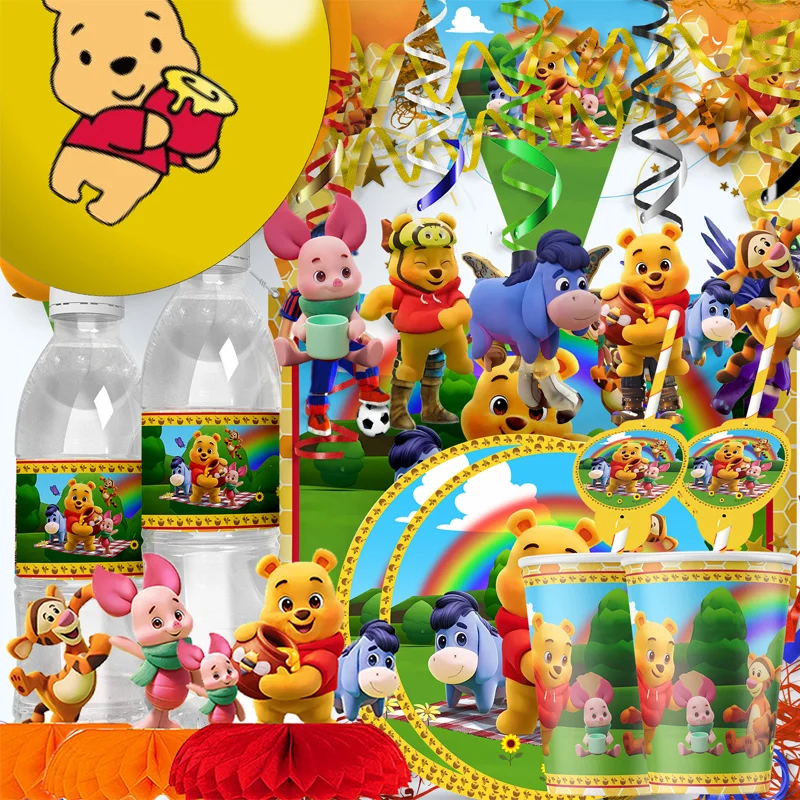

MINISO Winnie-the-Pooh Party Decorations Balloons Paper Tableware Cup Plates Tablecloth for Kids Birthday Supplies Baby Shower