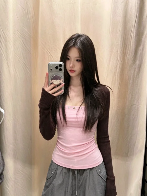 Korean Style Color Block Long Sleeve T-Shirt Women's Slim Fit Collarless Top Underwear Two Piece Set Casual Breathable Autumn...