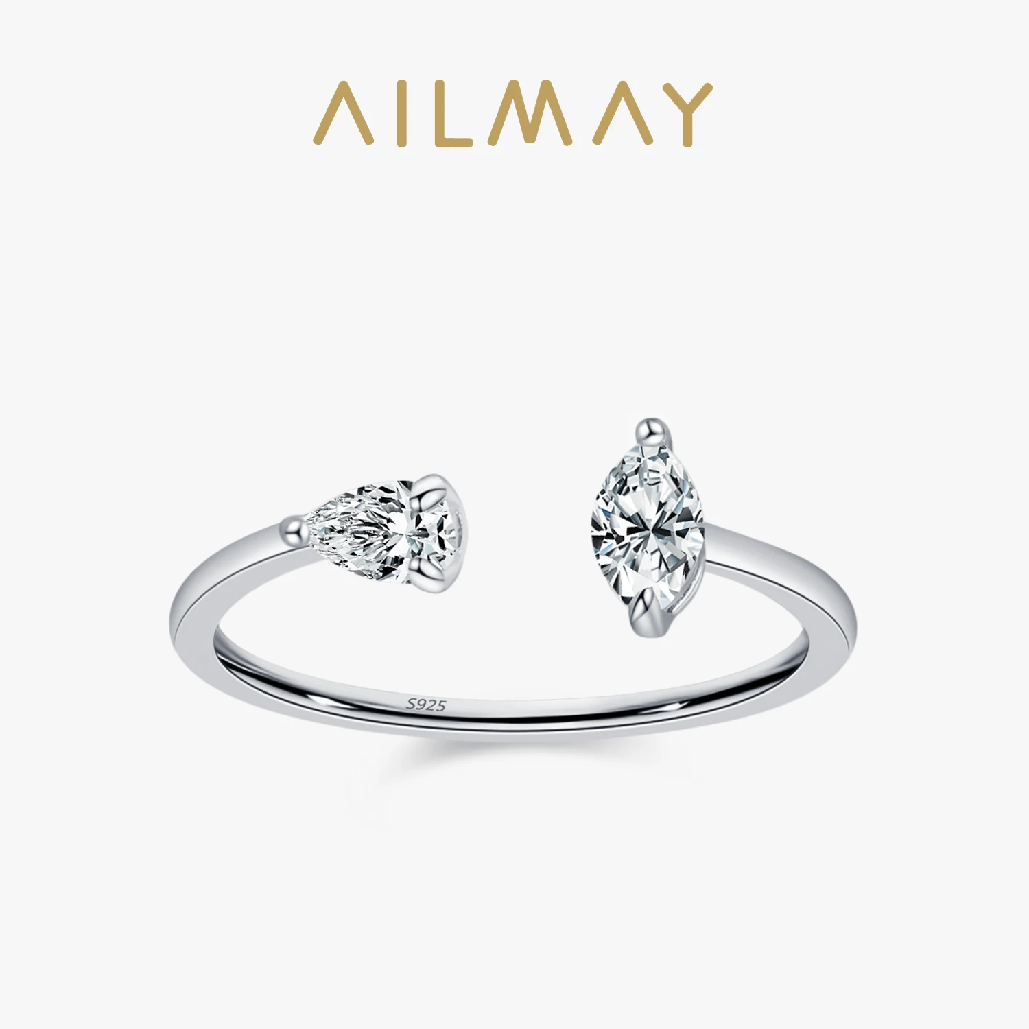 Ailmay Exquisite 925 Sterling Silver Droplet Geometric Zircon Adjustable Opening Ring For Women's Everyday, Vacation Gift