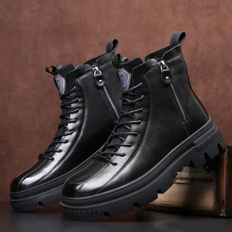 

2025 Winter Velvet Warm Men's Leather High-top British Platform Non-slip Snow Locomotive Chelsea Boots