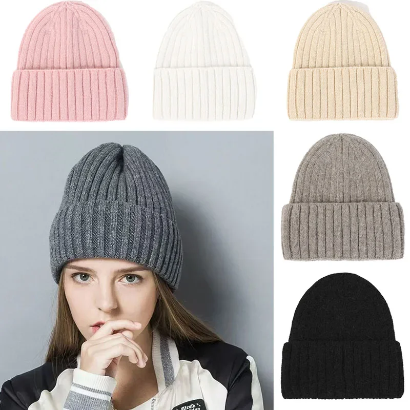 

Зимняя утолщенная теплая вязаная шапка из кроличьего меха, унисекс, с вертикальным узором, однотонная универсальная двойная складная пуловерная шапка, кепка без полей