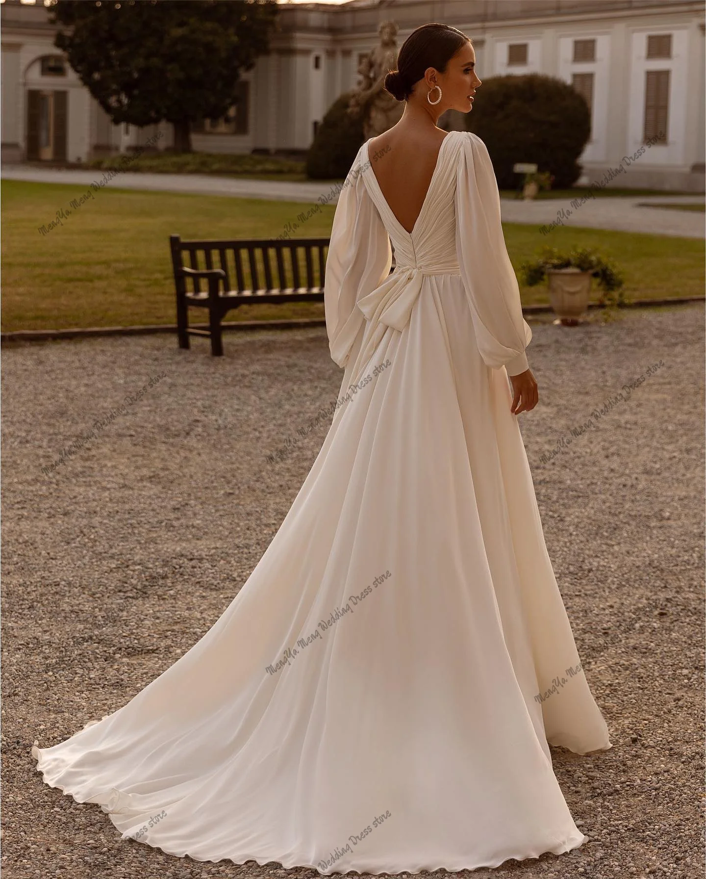 ZHUISHU Customized Simple Chiffon A-Line Wedding Dresses V-Neck Long Puff Sleeves Backless Bridal Grown Formal Prom Party Gowns