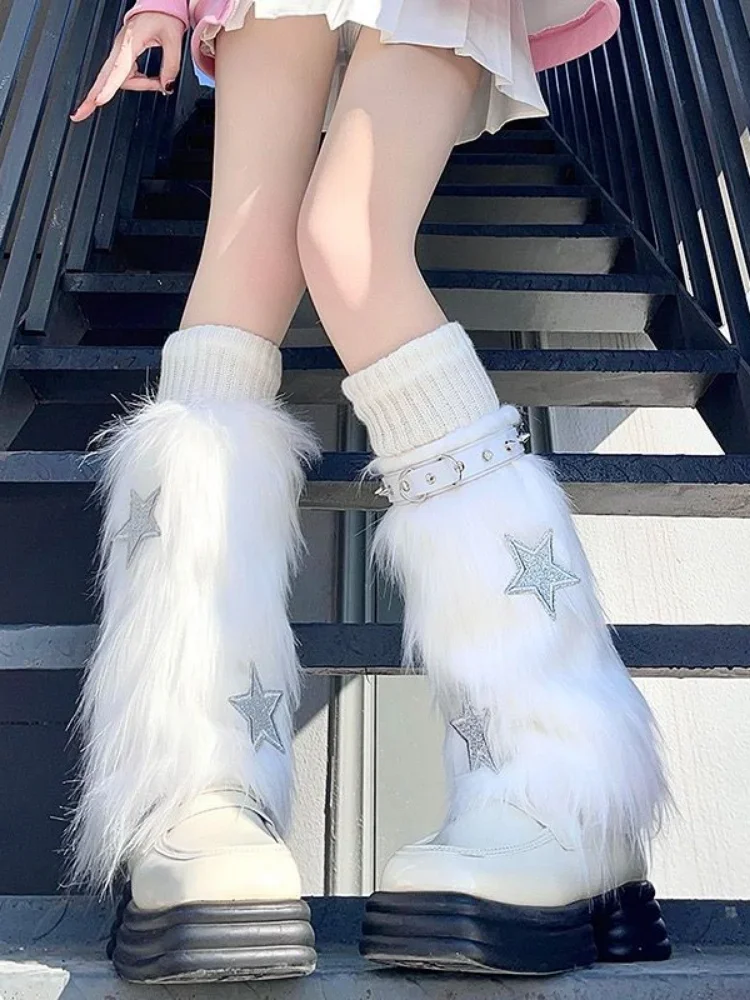 3 Pieces Sets Faux Fur Leg Warmers Boot Covers Goth Japanese Kawaii Legs Punk Jk Knee-length Hiphop Y2K Fashion Long Socks