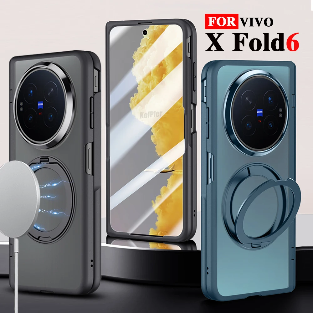 Magnetic Phone Case For VIVO X Fold 6 Matte Semi‑Transparent Metal Kickstand Camera Lens Front Screen Glass Wireless Charging