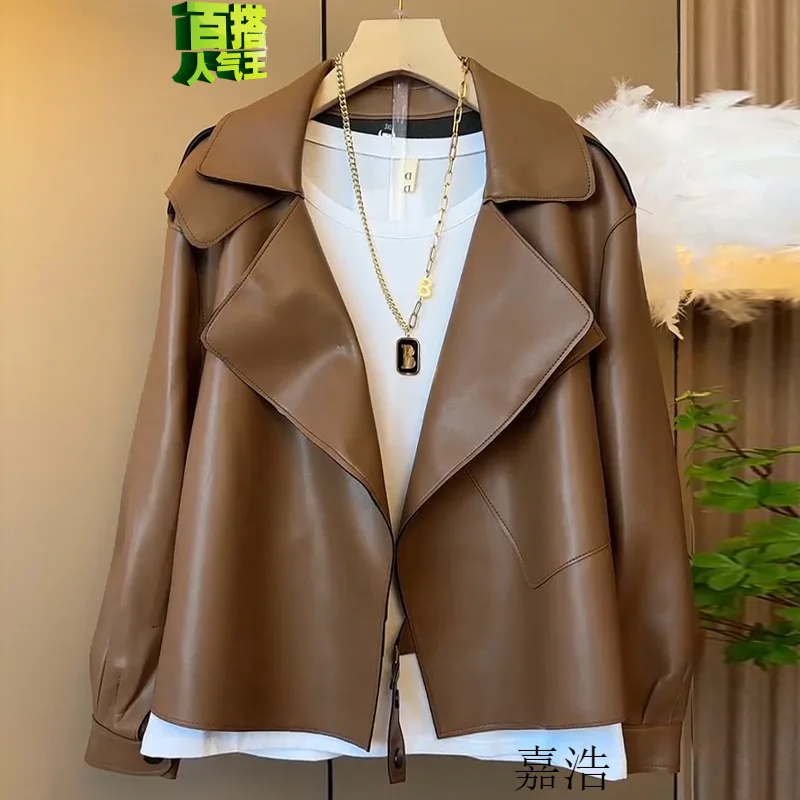 Fashion Spring Autumn New PU Leather Jacket Women's Tops Elegant Loose Slimming Short Styles Lapels Coat Women Leather Jacket