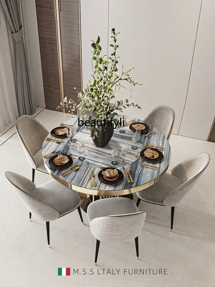 

CC1820Light Luxury Imported Blue Gold Sand Marble round Table High-End Large Apartment Dining Tables and Chairs Set