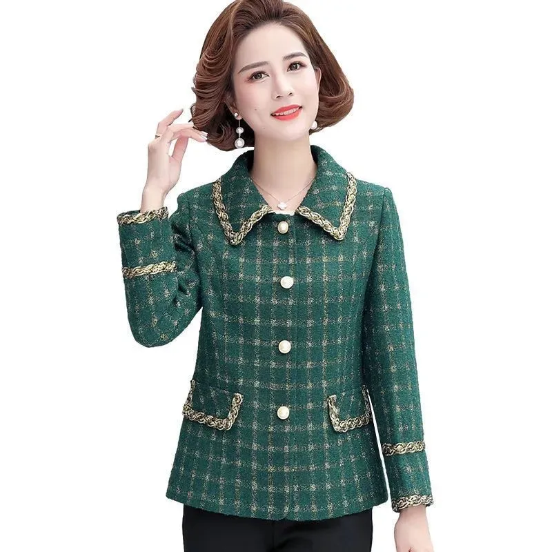 

2023 New Middle-Aged Elderly Women's Coat Tops Fashion Spring Autumn Jacket Elegant Casual Single-Breasted Plaid Outerwear