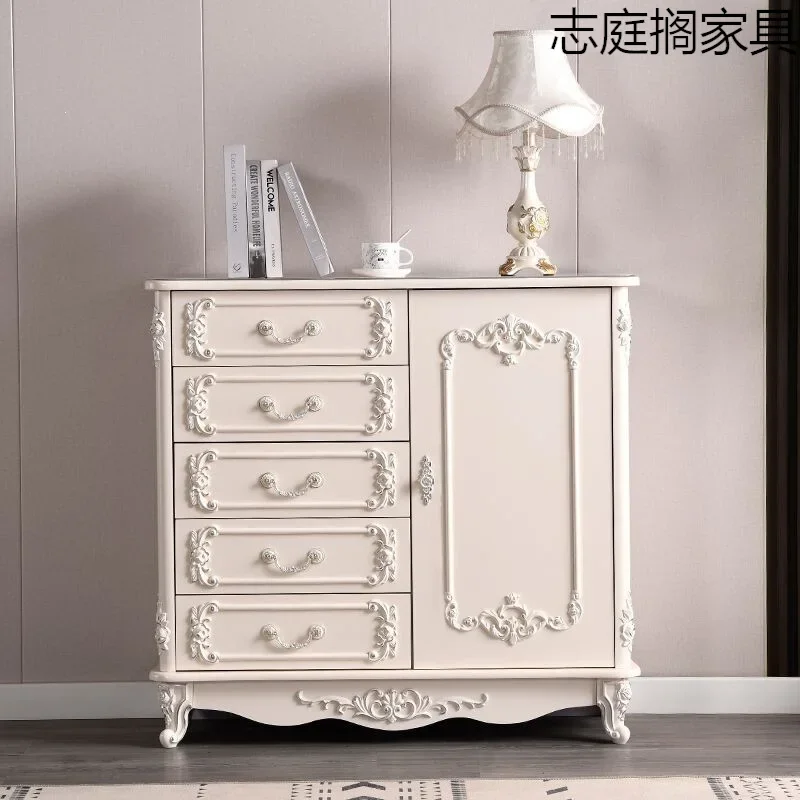 H1  five-drawer chest with sliding door bedroom storage cabinet, white solid wood drawer, carved light luxury