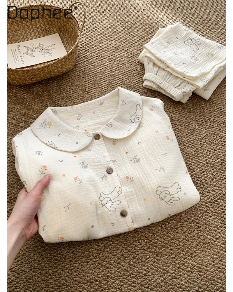 Korean-style Girl Floral Pajama Doll Turned-up Collar Long Sleeves Long Pants Two-piece Set Loose-fitting Casual Women Homewear