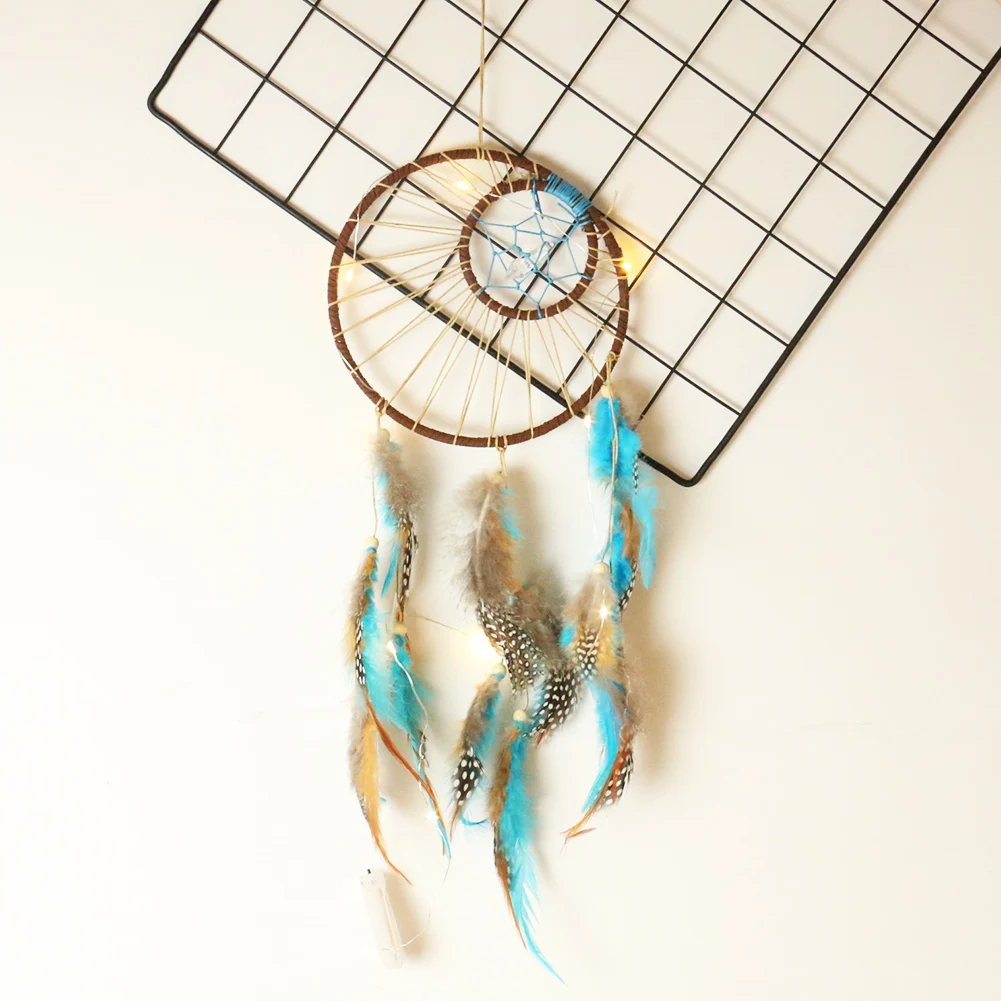 Ojibwe Reiki Flower Double Ring Turkey Blue Feathers Spacer Beads Dreamcatcher Amulet Witch Yoga Meditation Hanging Decor