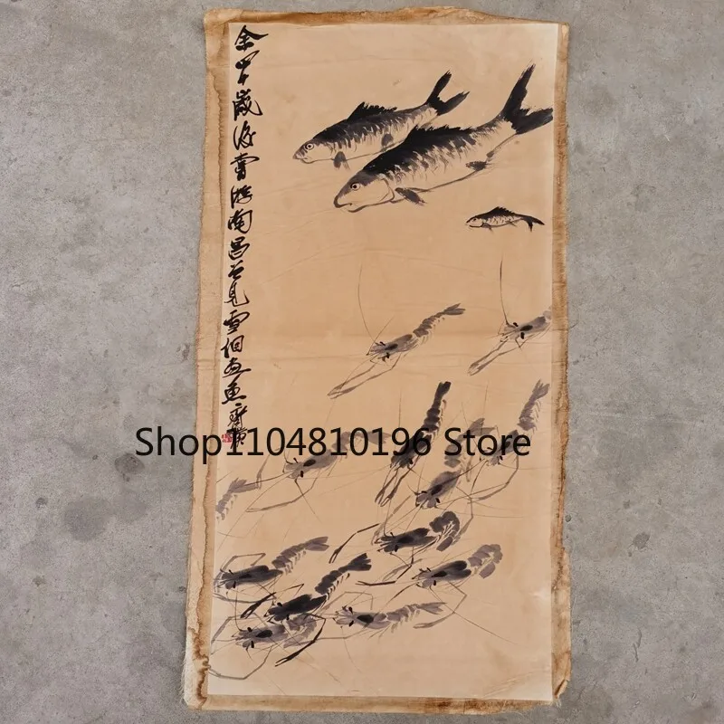 Old Chinese Scroll Painting “Qi Baishi shrimp” Painting Paper slice