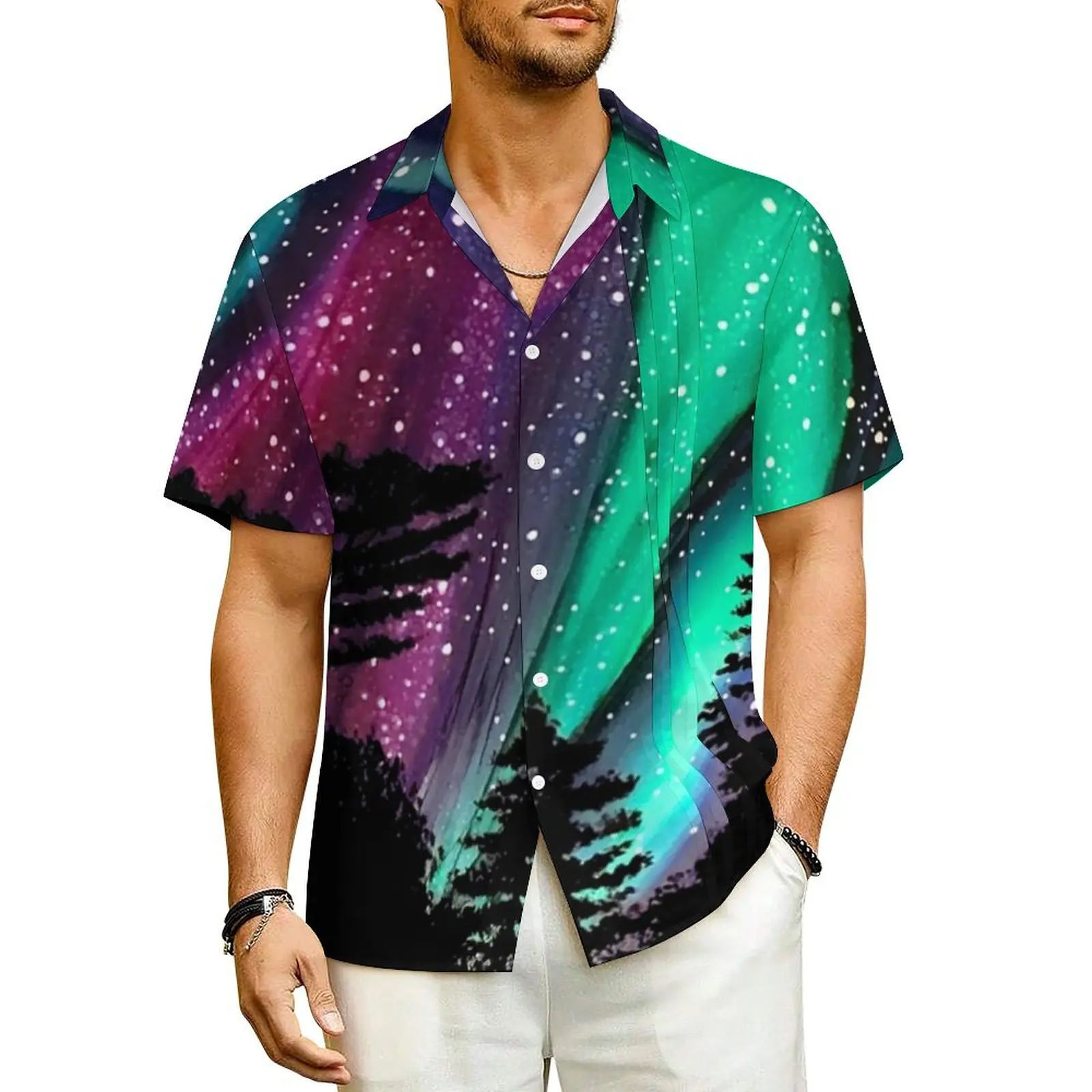 

Mystic Forest Vacation Shirt Men Northern Lights Elegant Casual Shirts Hawaii Short Sleeve Harajuku Design Oversized Blouses