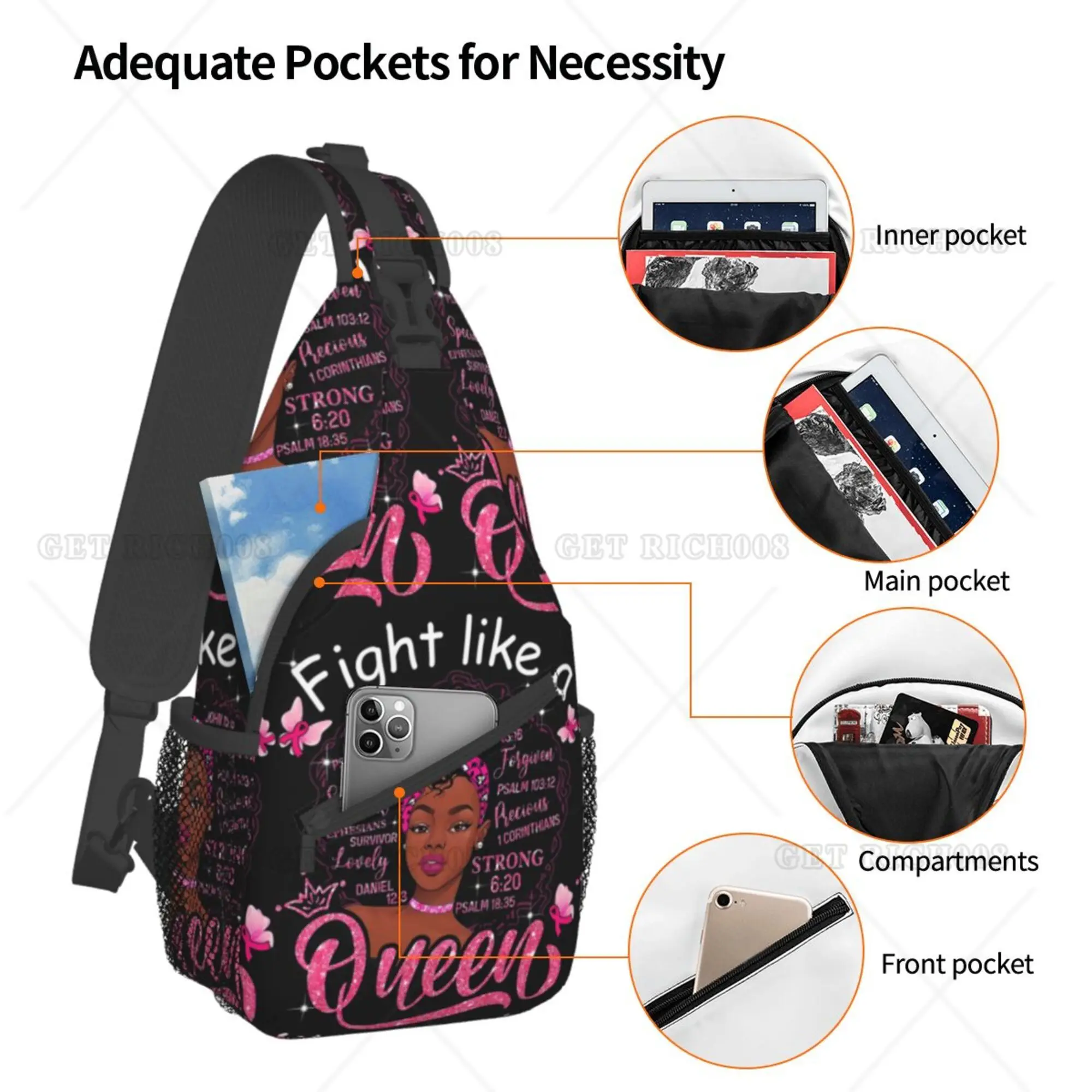 Fight Like A Queen Chest Bag Cross Backpacks Breast Cancer Awareness Bags for Women Men Polyester Unisex Casual Hiking Running