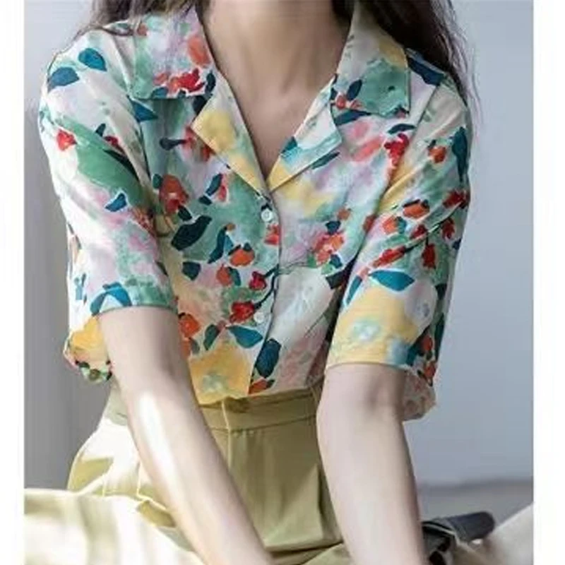 Summer Notched Fashion Short Sleeve Shirt Women Vintage Elegant Button Patchwork Cardigan High Street Casual All-match Blouse