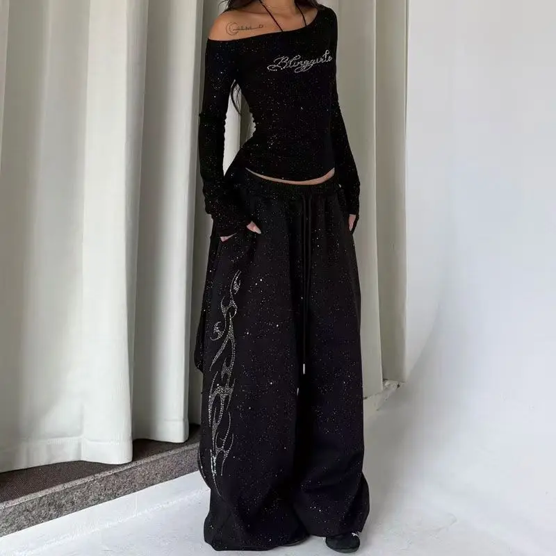 Hot Diamond Sparkle Jazzy Hip Hop Women American Retro Sports Pants Korean Style Loose Jogging Pants High Waisted Wide Leg Pants