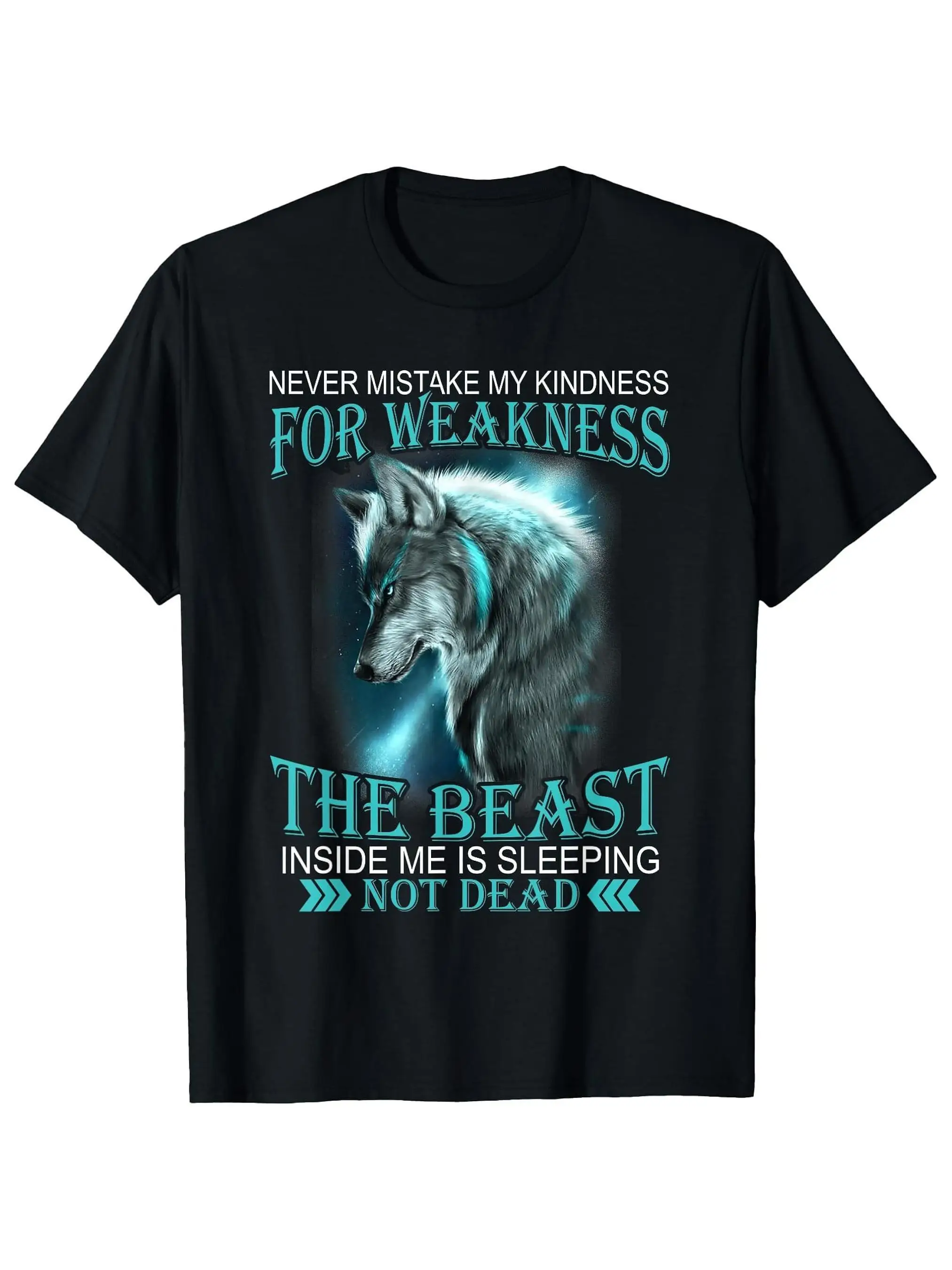 Men'S T-Shirt Featuring a  Wolf Graphic And The  'Don'T Confuse My Kindness with Weakness.' This Black Tee with Blue And White Print Is Breathable, Has a Regular Fit, And Short Sleeves. It'S a Bold Statement Piece Suitable for Casual Wear