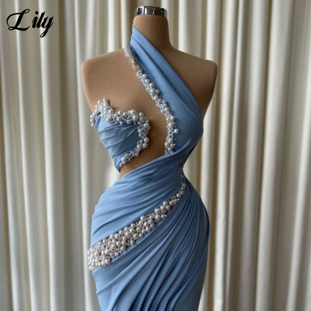 Lily bleu charmante perles sirène robe De bal pour femme plissé balayage Train Vestido De Fiesta cérémonie robes De fête personnalisé