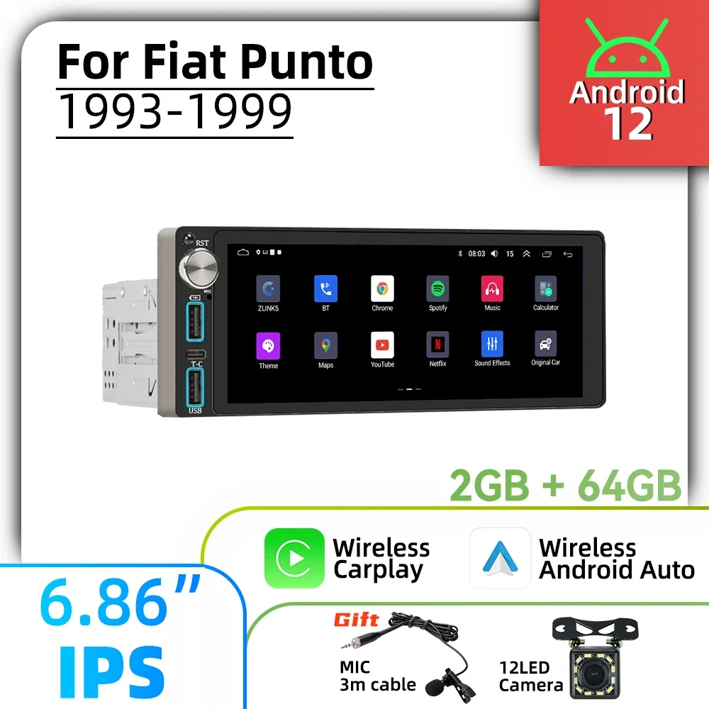 

Carplay 6.86" Screen Multimedia 1 Din Android Car Radio for Fiat Punto 1993-1999 Head Unit Autoradio Stereo GPS Navigation WIFI