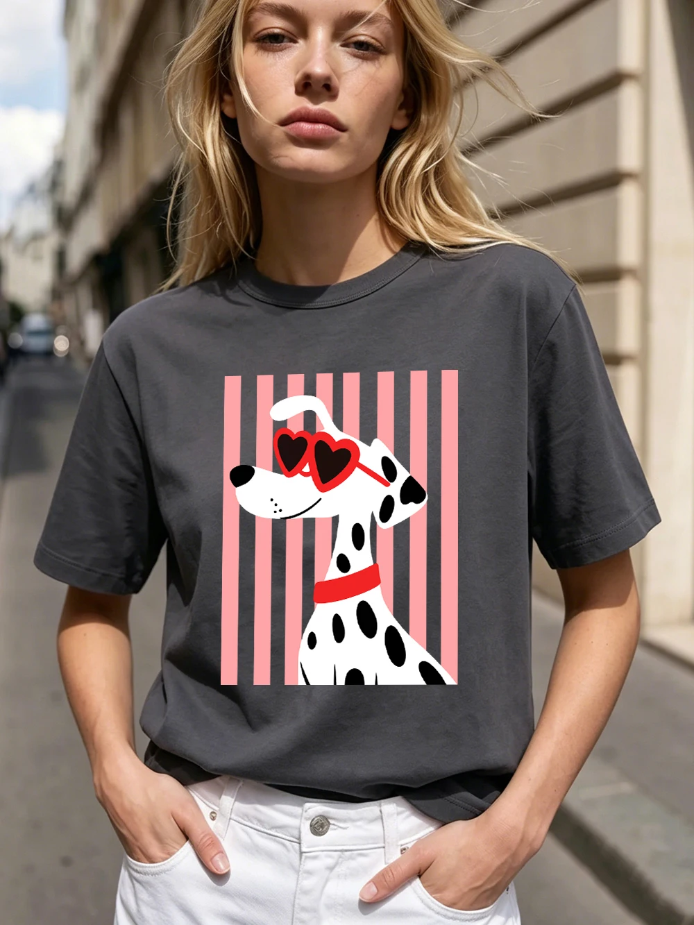 Herzförmige Sonnenbrillen Dalmatiner-Hundemotiv T-Shirts Damen Baumwolle Sommer Übergroße Oberteile O-Ausschnitt Kurzarm-T-Shirts Weiche Streetwear – Detail 31
