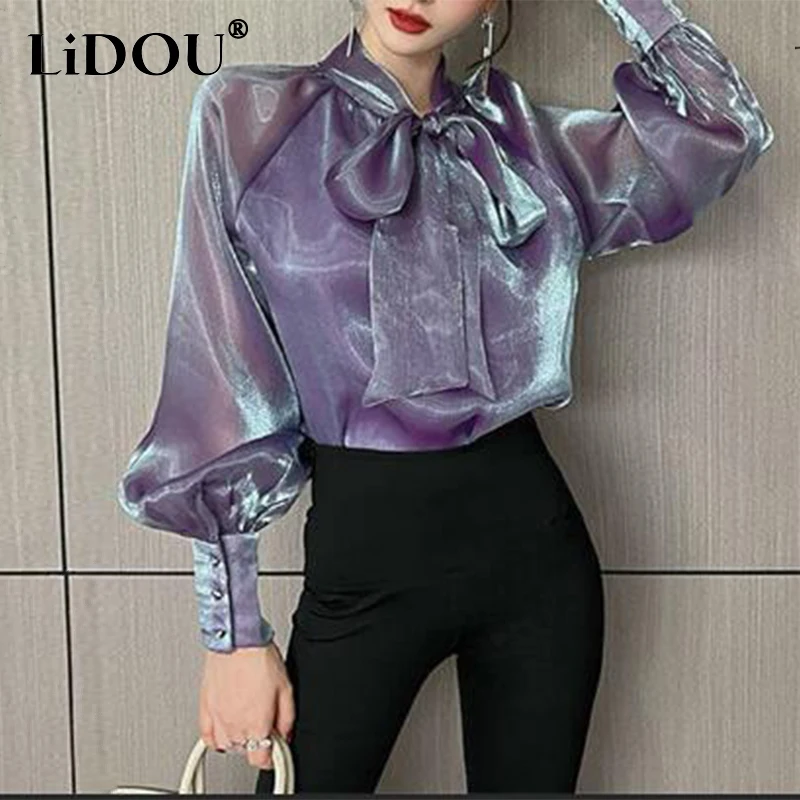 Spring Autumn Women\'s Elegant Fashion Bow Solid Shiny Shirt Ladies Long Sleeve Temperament All-match Blusa Buttons Blouse Femme