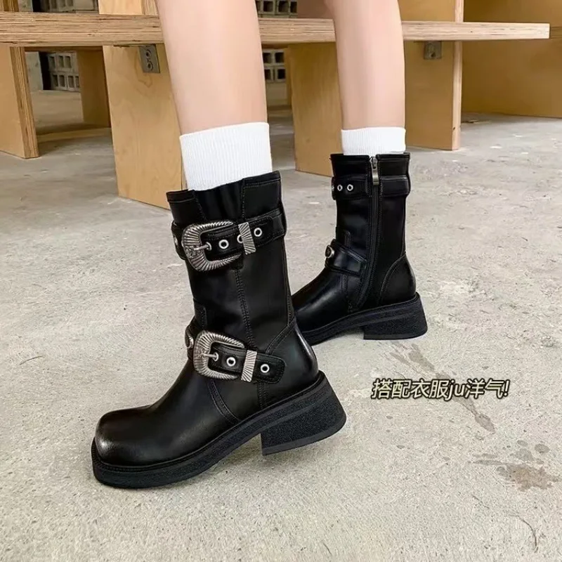 2025 rétro bout carré boucle de ceinture mi bottes à talons pour les femmes en automne semelle épaisse talon épais fermeture éclair latérale mi-talon bottes de chevalier