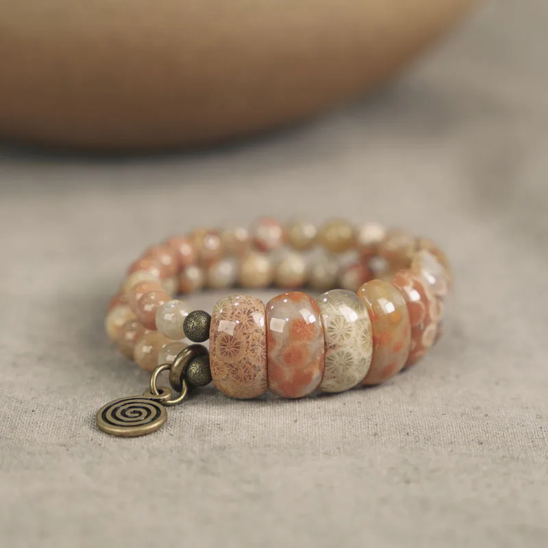 Natrual Beads Coral Stone Bracelet Metal Brass  Style Two Row Oriental Jewelry Richness Decoration Couple Lover Wrist Band